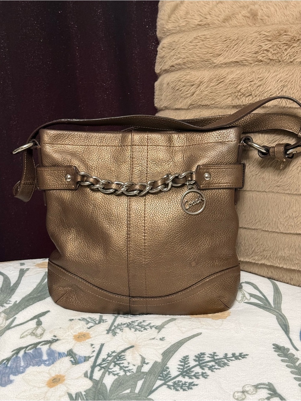 Coach Metallic Bronze Pebbled Leather Chain Duffle Crossbody Shoulder Bag